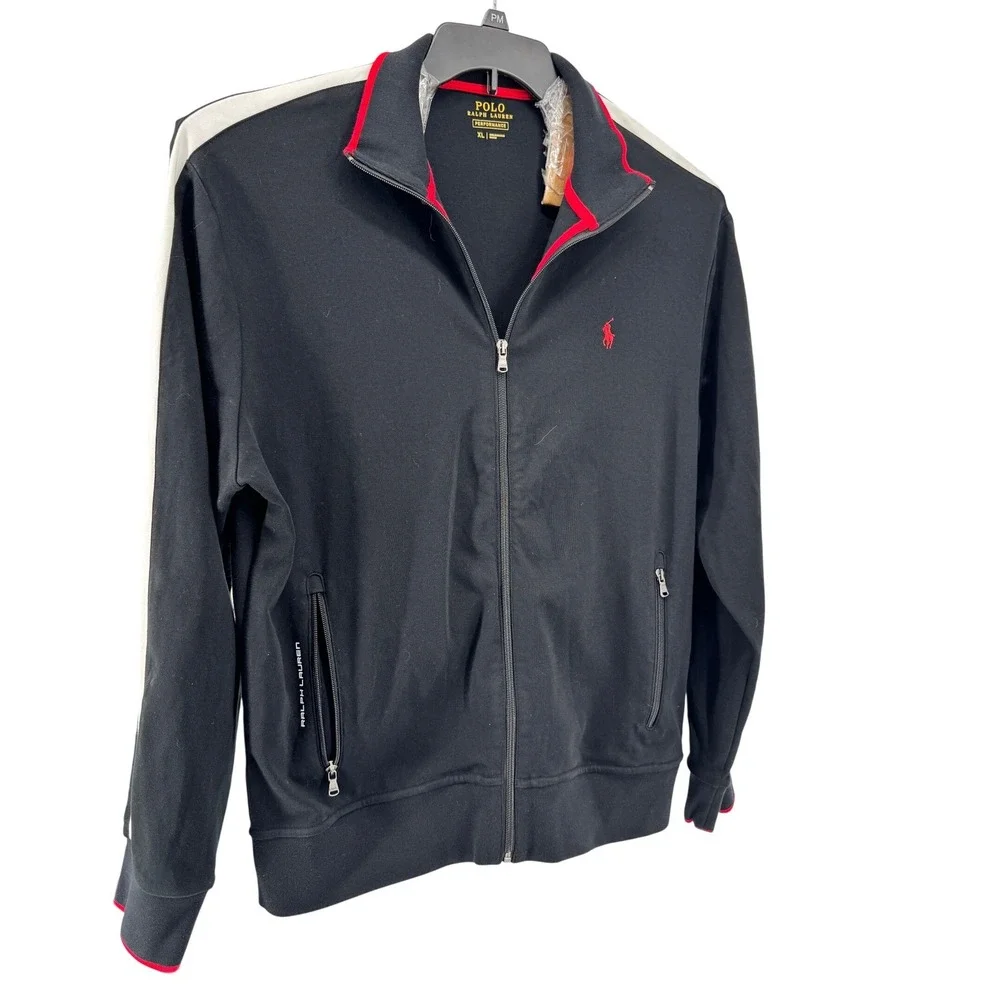 Polo Ralph Lauren Performance Track Jacket Men‎ XL Black Red Trim Stripe Zip